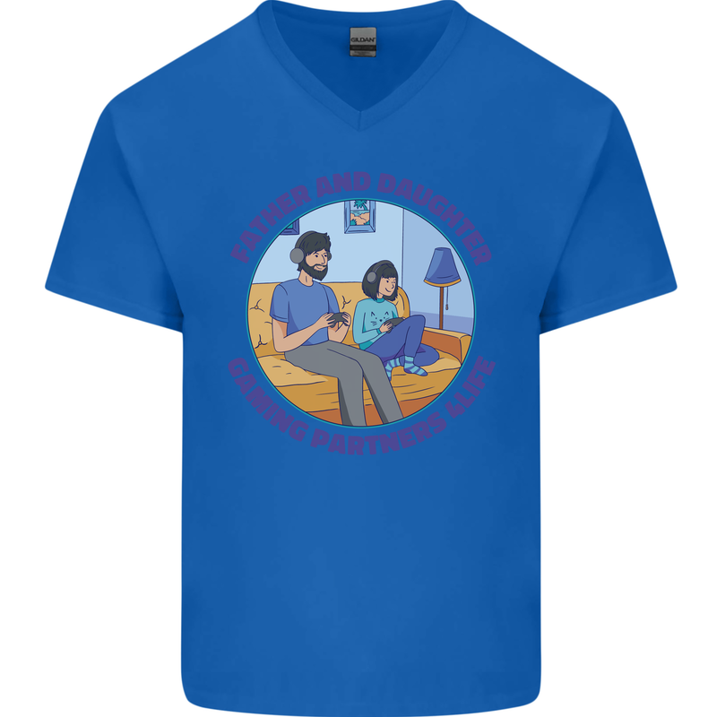 Father & Daughter Gaming Gamer Day Funny Mens V-Neck Cotton T-Shirt Royal Blue