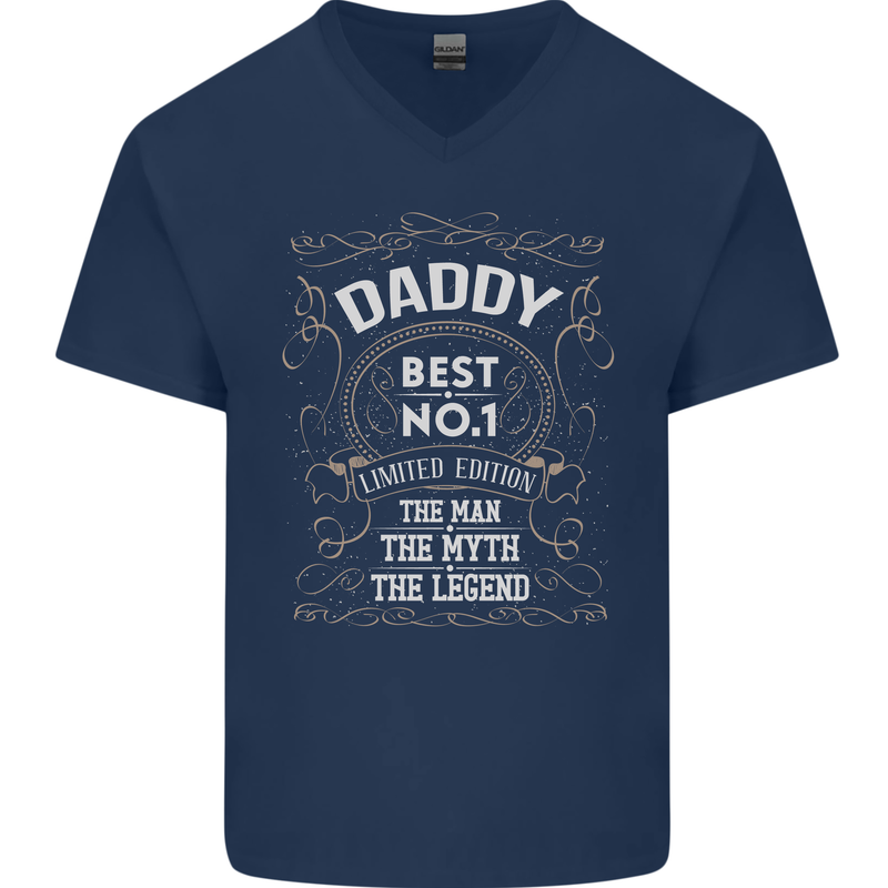 Father's Day No 1 Daddy Man Myth Legend Mens V-Neck Cotton T-Shirt Navy Blue