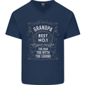 Father's Day No 1 Grandpa Man Myth Legend Mens V-Neck Cotton T-Shirt Navy Blue