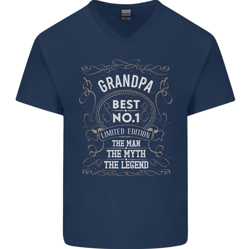 Father's Day No 1 Grandpa Man Myth Legend Mens V-Neck Cotton T-Shirt Navy Blue