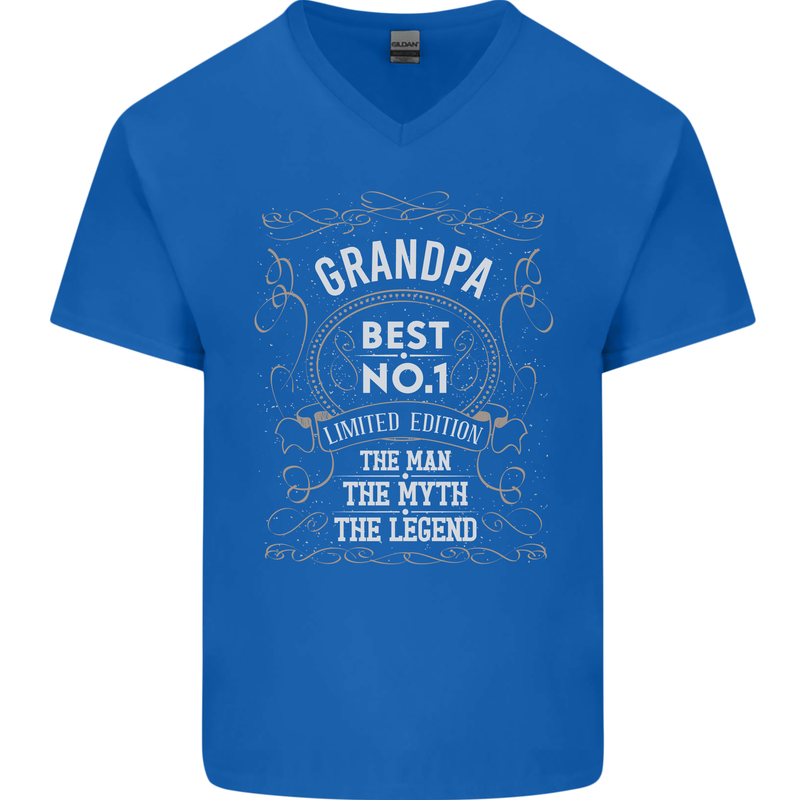 Father's Day No 1 Grandpa Man Myth Legend Mens V-Neck Cotton T-Shirt Royal Blue