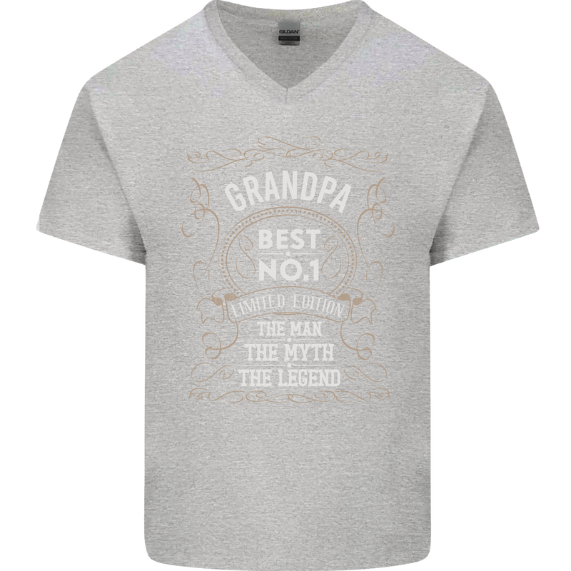 Father's Day No 1 Grandpa Man Myth Legend Mens V-Neck Cotton T-Shirt Sports Grey