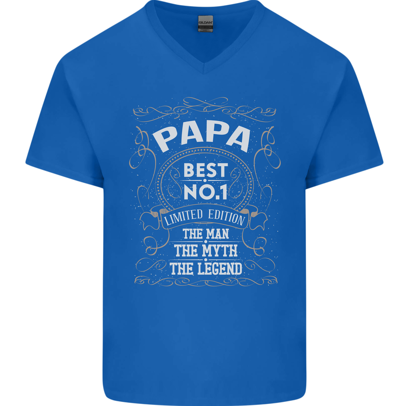 Father's Day No 1 Papa Man Myth Legend Mens V-Neck Cotton T-Shirt Royal Blue