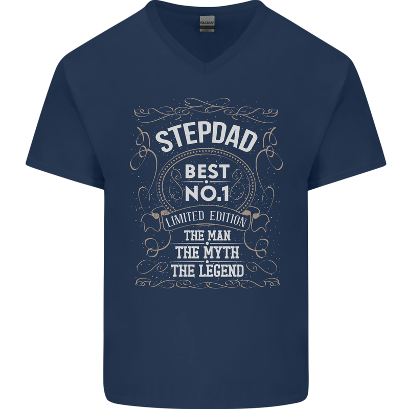 Father's Day No 1 Stepdad Step Dad Funny Mens V-Neck Cotton T-Shirt Navy Blue