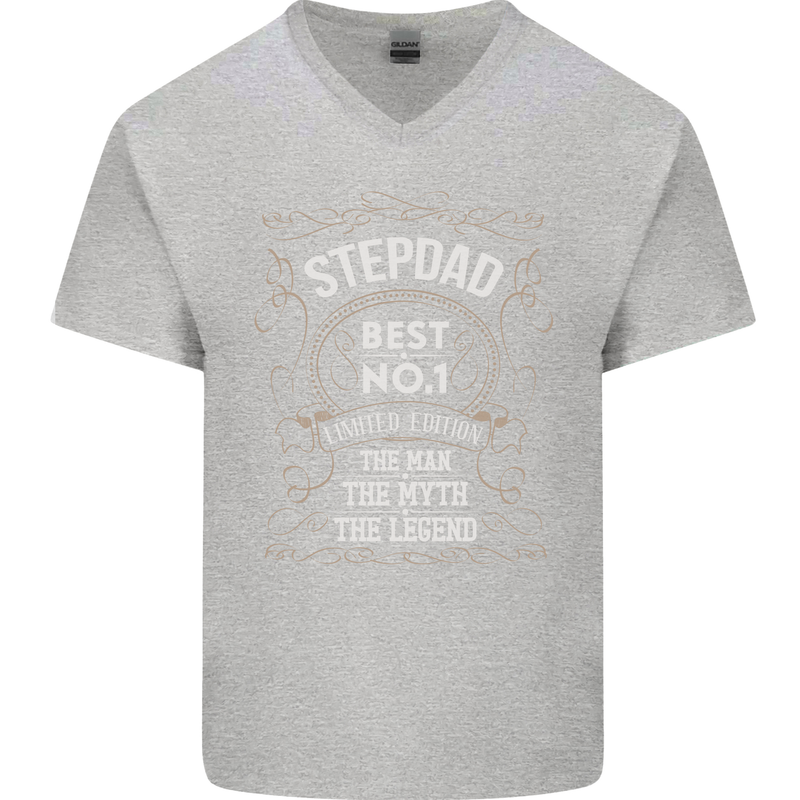 Father's Day No 1 Stepdad Step Dad Funny Mens V-Neck Cotton T-Shirt Sports Grey