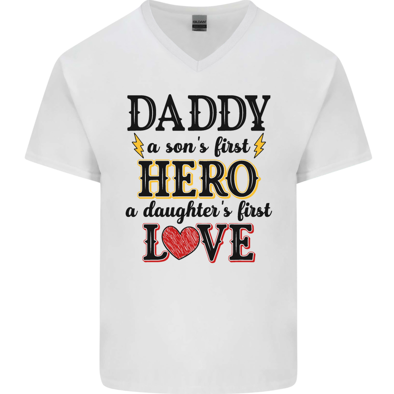 Fathers Day Daughter Love Son Hero Dad Mens V-Neck Cotton T-Shirt White