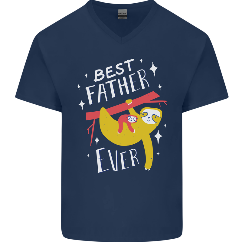 Fathers Day Funny Sloth Dad Daddy Mens V-Neck Cotton T-Shirt Navy Blue