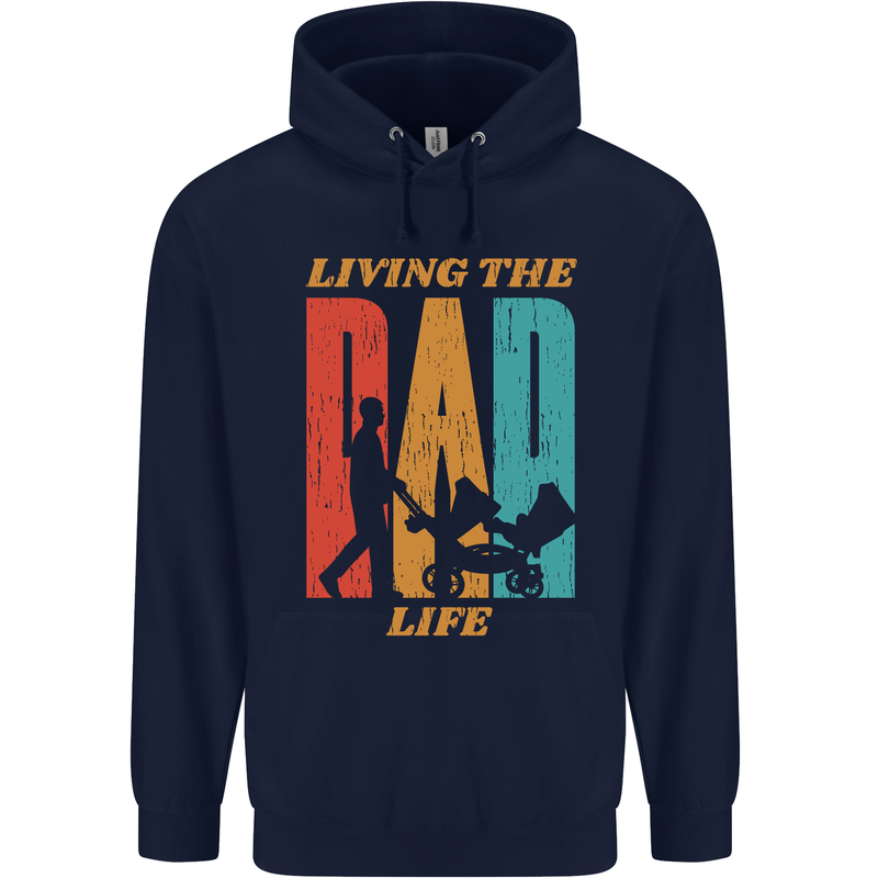 Fathers Day Living the Dad Life Twins Funny Mens 80% Cotton Hoodie Navy Blue