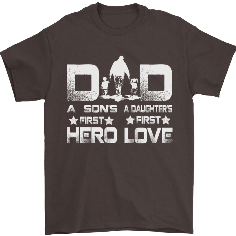 Fathers Day Son Hero Daughter Love Dad Mens T-Shirt Cotton Gildan Dark Chocolate