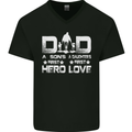 Fathers Day Son Hero Daughter Love Dad Mens V-Neck Cotton T-Shirt Black