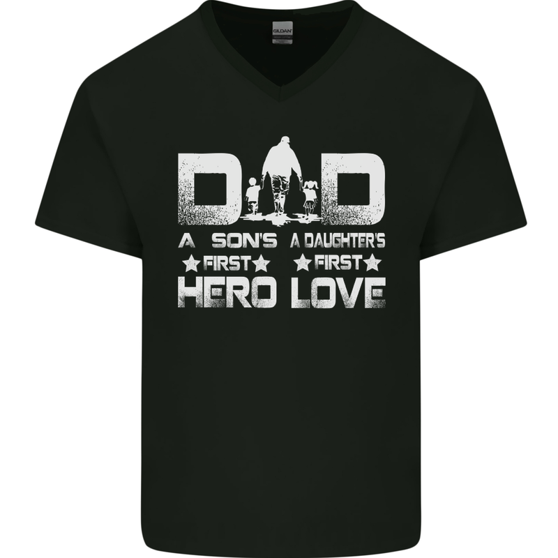 Fathers Day Son Hero Daughter Love Dad Mens V-Neck Cotton T-Shirt Black