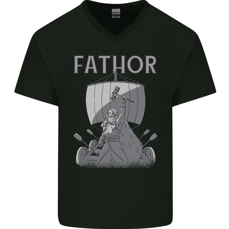 Fathor Funny Fathers Day Viking Ship Mens V-Neck Cotton T-Shirt Black