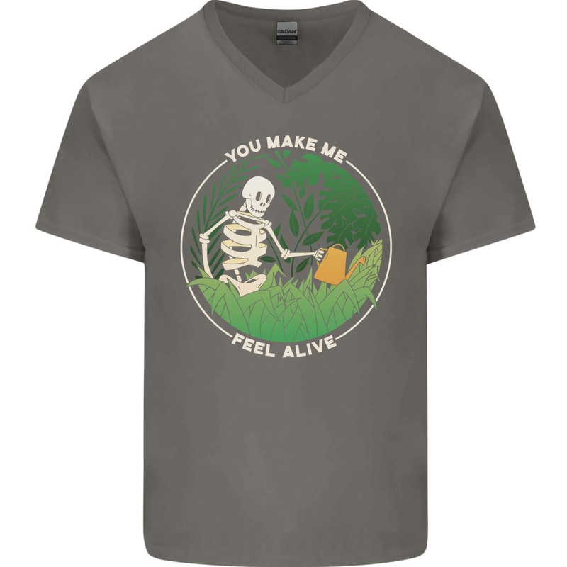 Feel Alive Gardening Gardener Plants Skull Mens V-Neck Cotton T-Shirt Charcoal