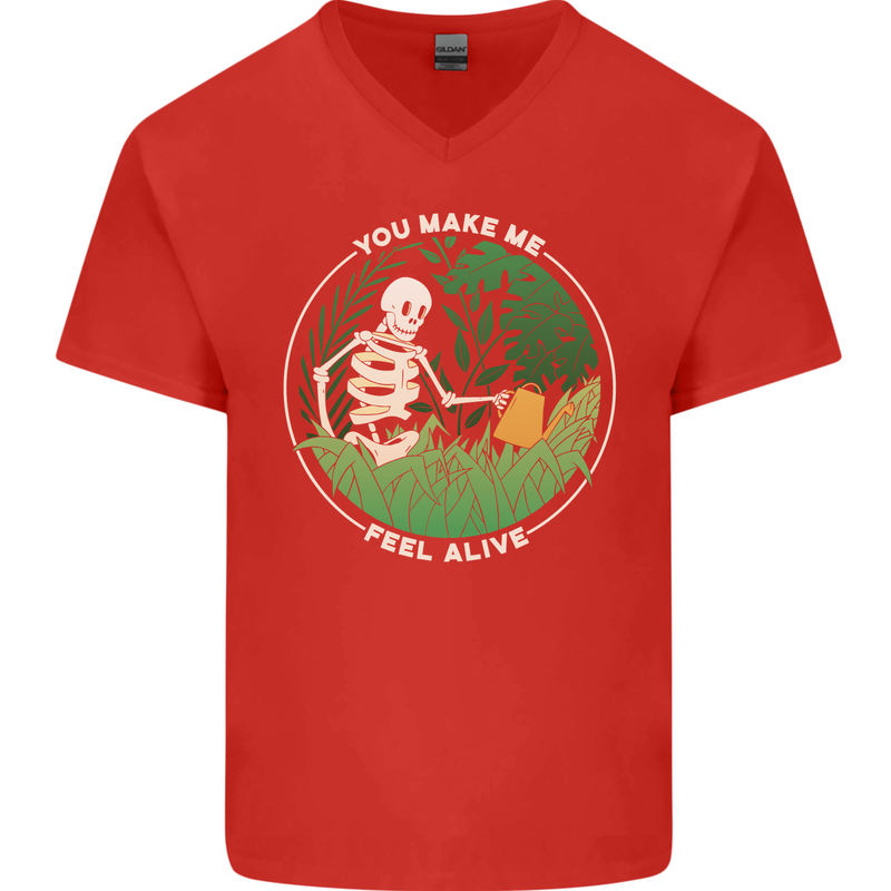 Feel Alive Gardening Gardener Plants Skull Mens V-Neck Cotton T-Shirt Red