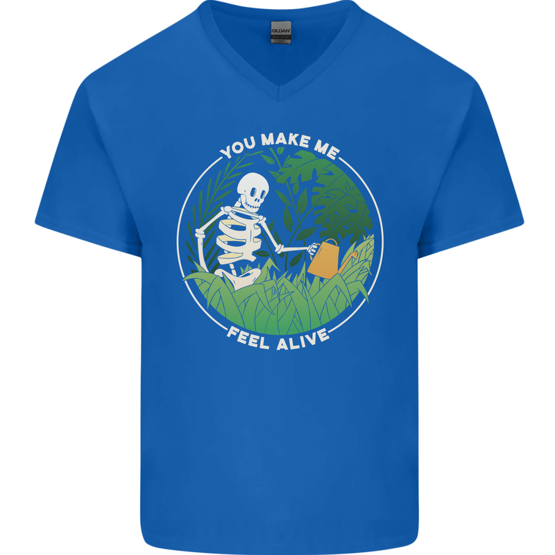 Feel Alive Gardening Gardener Plants Skull Mens V-Neck Cotton T-Shirt Royal Blue