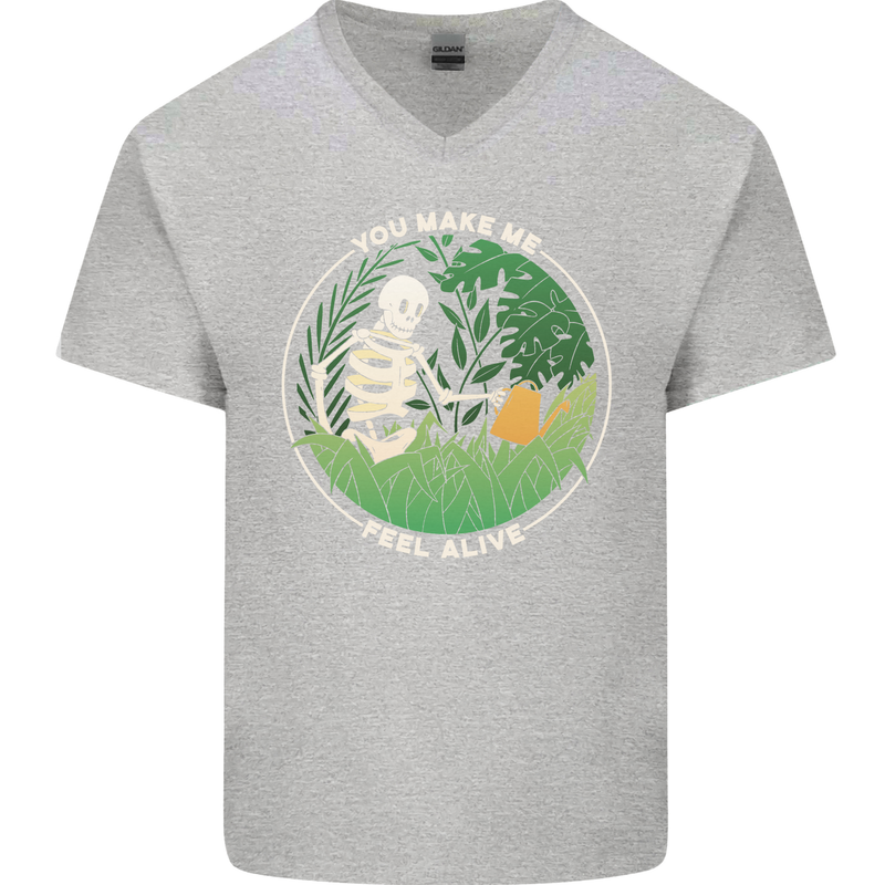 Feel Alive Gardening Gardener Plants Skull Mens V-Neck Cotton T-Shirt Sports Grey