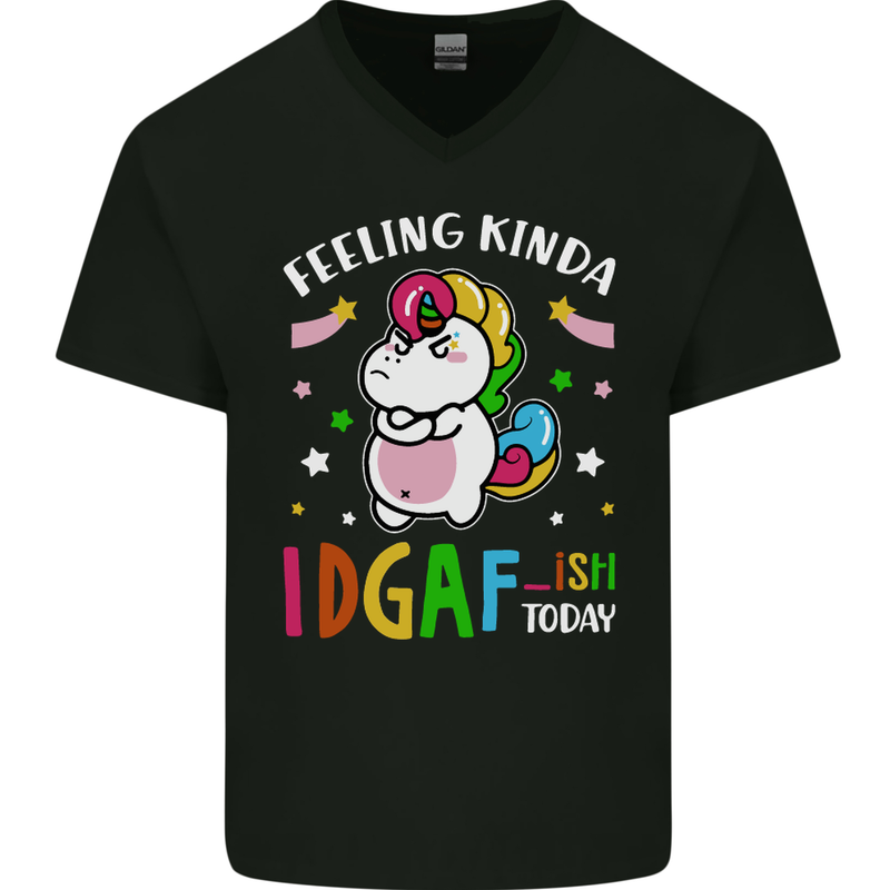 Feeling IDGAF Today Funny Offensive Unicorn Mens V-Neck Cotton T-Shirt Black