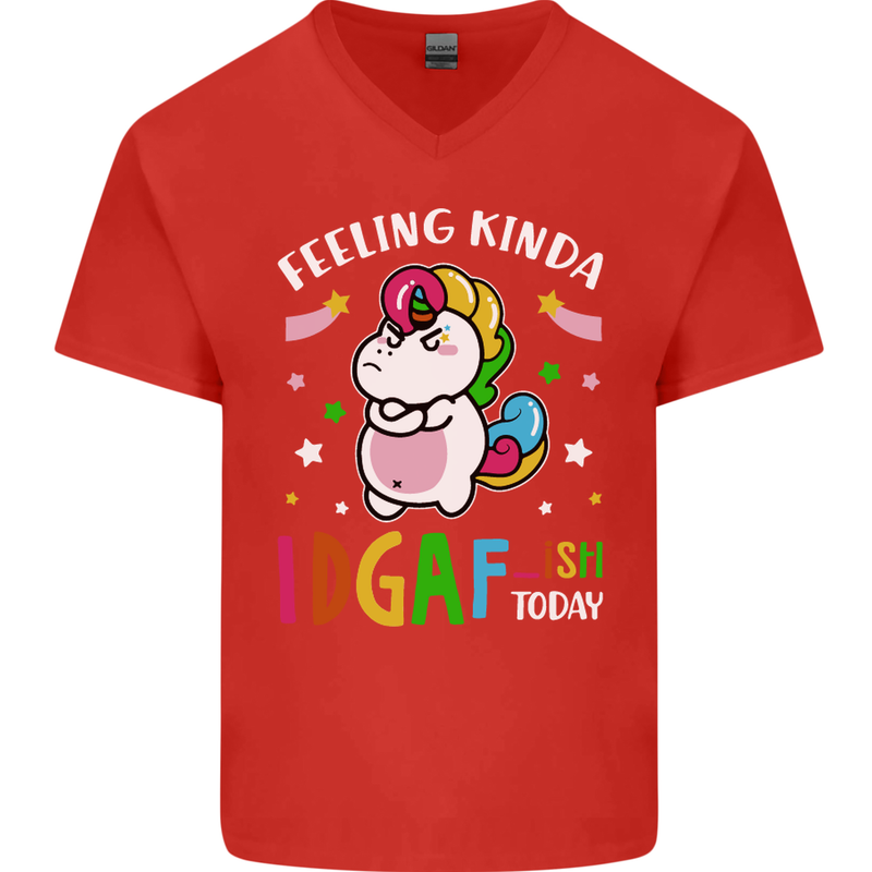 Feeling IDGAF Today Funny Offensive Unicorn Mens V-Neck Cotton T-Shirt Red