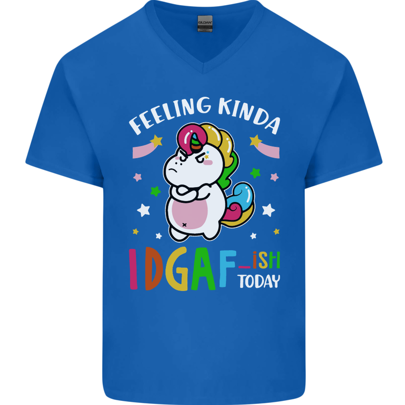 Feeling IDGAF Today Funny Offensive Unicorn Mens V-Neck Cotton T-Shirt Royal Blue