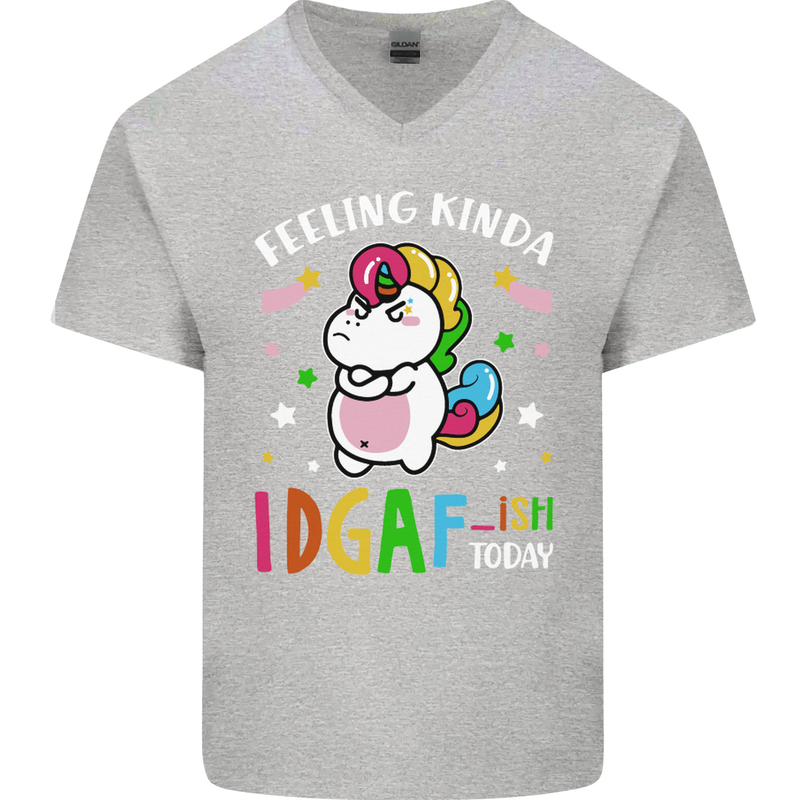 Feeling IDGAF Today Funny Offensive Unicorn Mens V-Neck Cotton T-Shirt Sports Grey