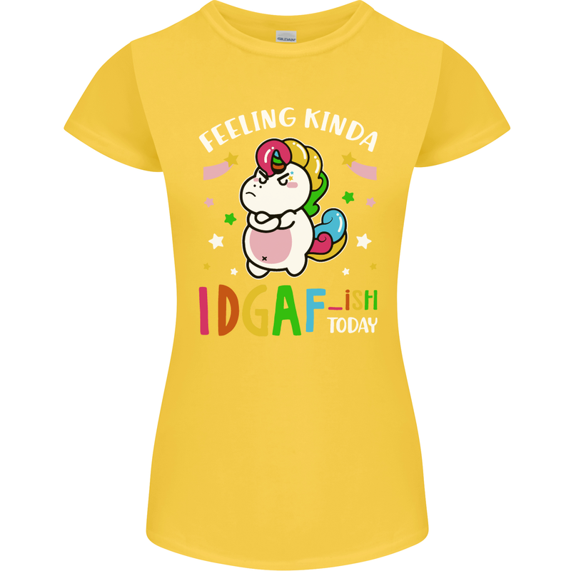 Feeling IDGAF Today Funny Offensive Unicorn Womens Petite Cut T-Shirt Yellow