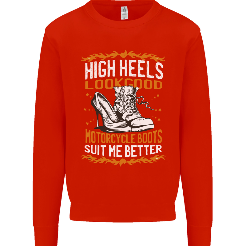Female Biker Boots Funny Motorbike Kids Sweatshirt Jumper Bright Red