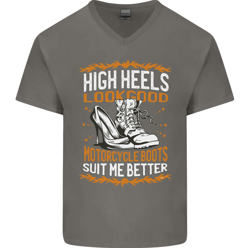 Female Biker Boots Funny Motorbike Mens V-Neck Cotton T-Shirt Charcoal