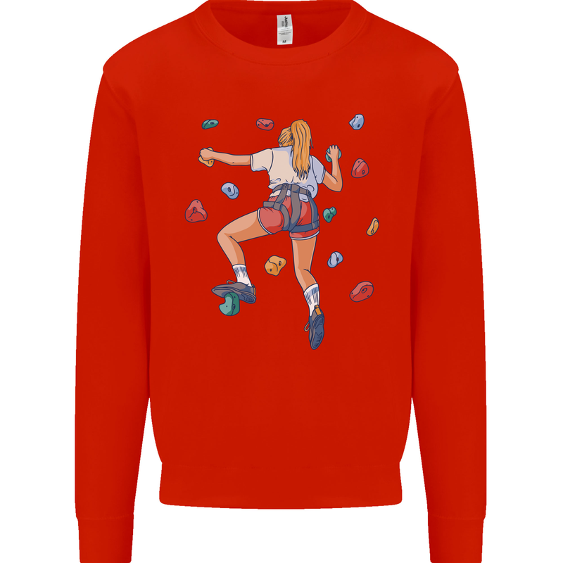 Female Rock Climber Climbing Wall Kids Sweatshirt Jumper Bright Red