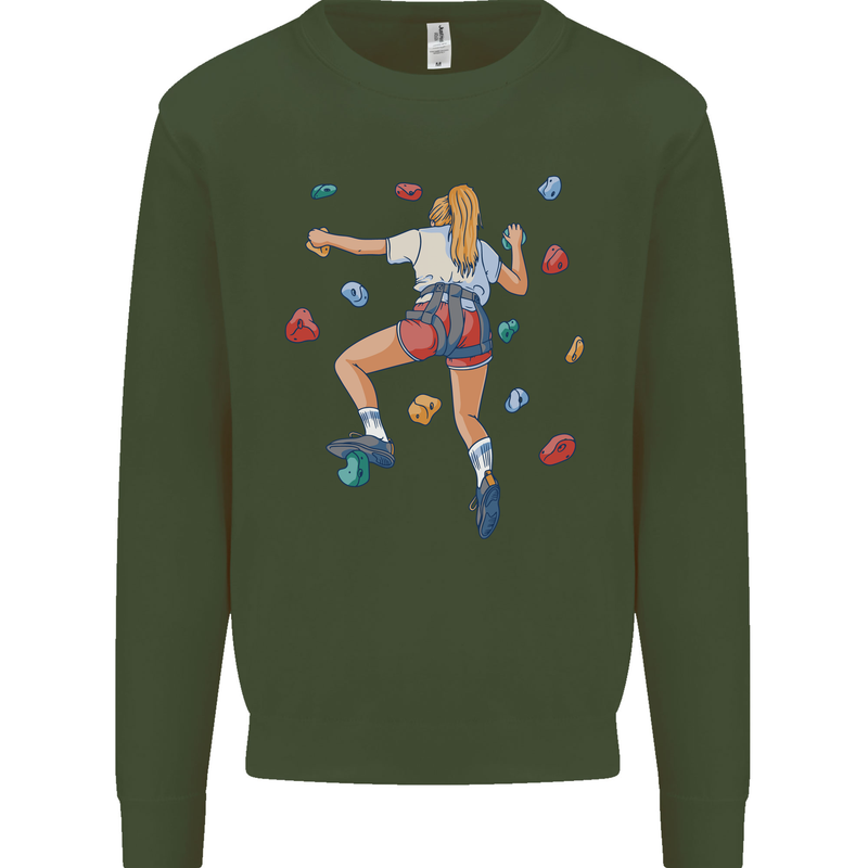 Female Rock Climber Climbing Wall Kids Sweatshirt Jumper Forest Green