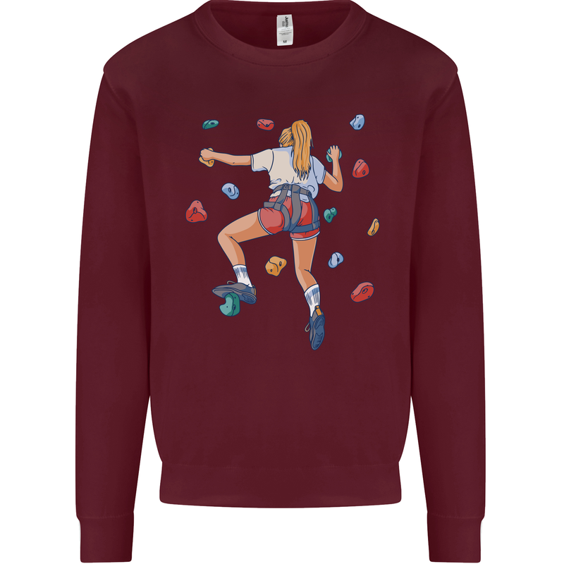 Female Rock Climber Climbing Wall Kids Sweatshirt Jumper Maroon