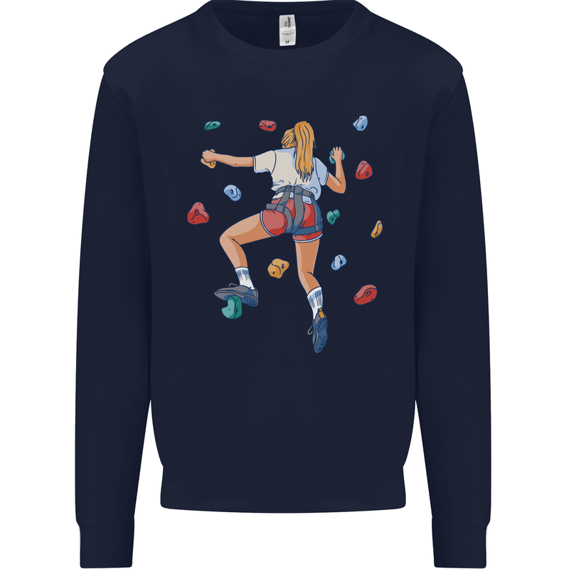 Female Rock Climber Climbing Wall Kids Sweatshirt Jumper Navy Blue