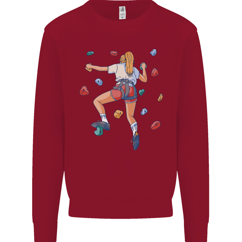 Female Rock Climber Climbing Wall Kids Sweatshirt Jumper Red