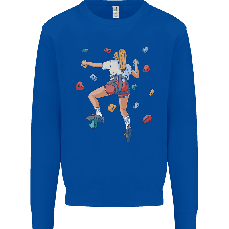 Female Rock Climber Climbing Wall Kids Sweatshirt Jumper Royal Blue