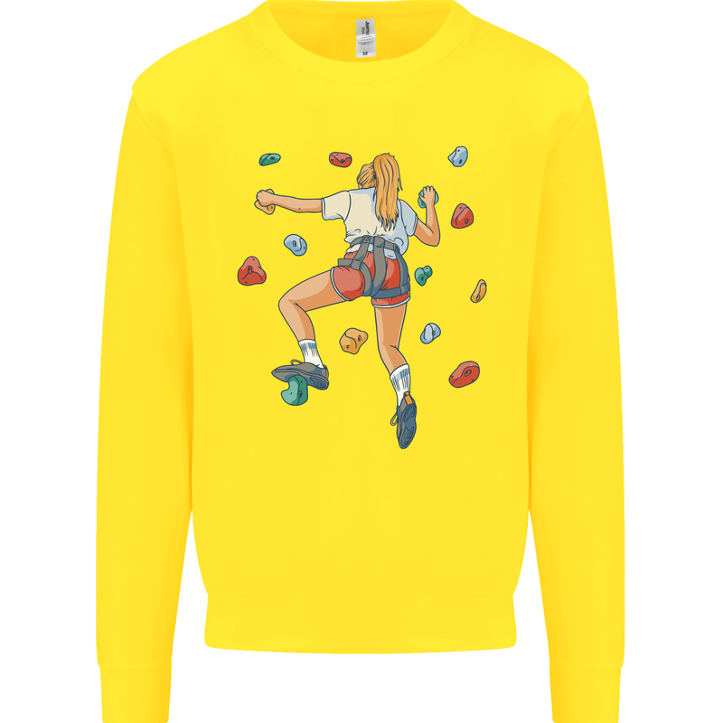 Female Rock Climber Climbing Wall Kids Sweatshirt Jumper Yellow