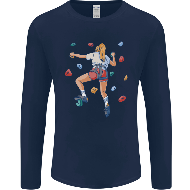 Female Rock Climber Climbing Wall Mens Long Sleeve T-Shirt Navy Blue