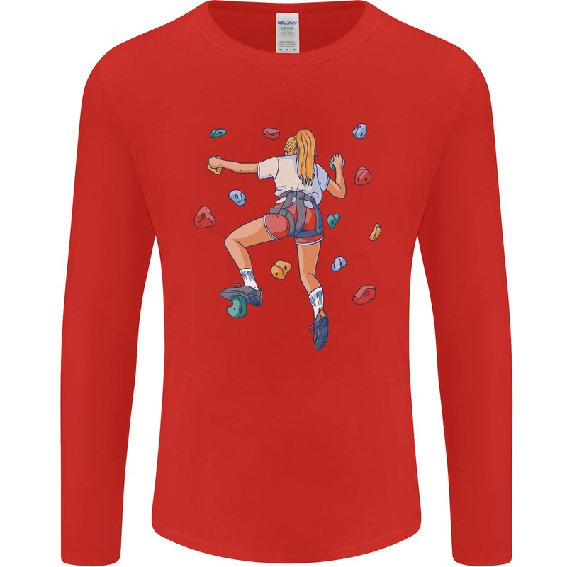 Female Rock Climber Climbing Wall Mens Long Sleeve T-Shirt Red