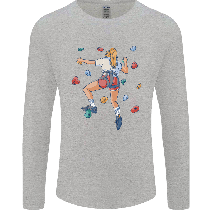 Female Rock Climber Climbing Wall Mens Long Sleeve T-Shirt Sports Grey