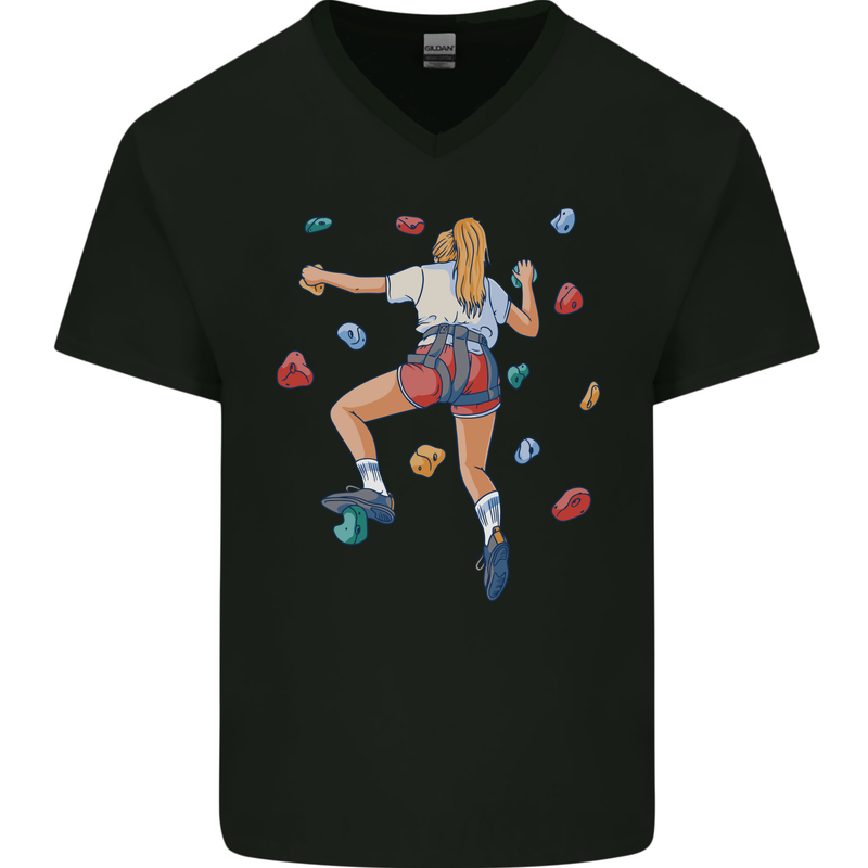 Female Rock Climber Climbing Wall Mens V-Neck Cotton T-Shirt Black