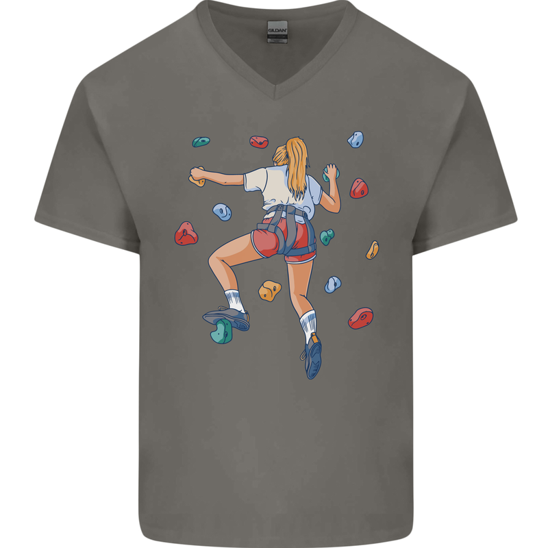 Female Rock Climber Climbing Wall Mens V-Neck Cotton T-Shirt Charcoal