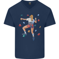 Female Rock Climber Climbing Wall Mens V-Neck Cotton T-Shirt Navy Blue