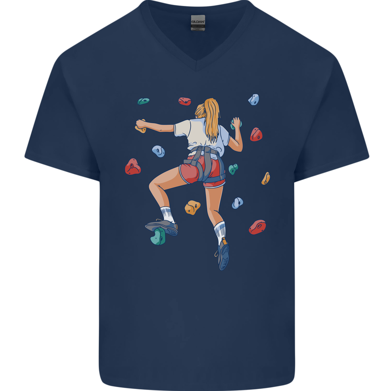 Female Rock Climber Climbing Wall Mens V-Neck Cotton T-Shirt Navy Blue