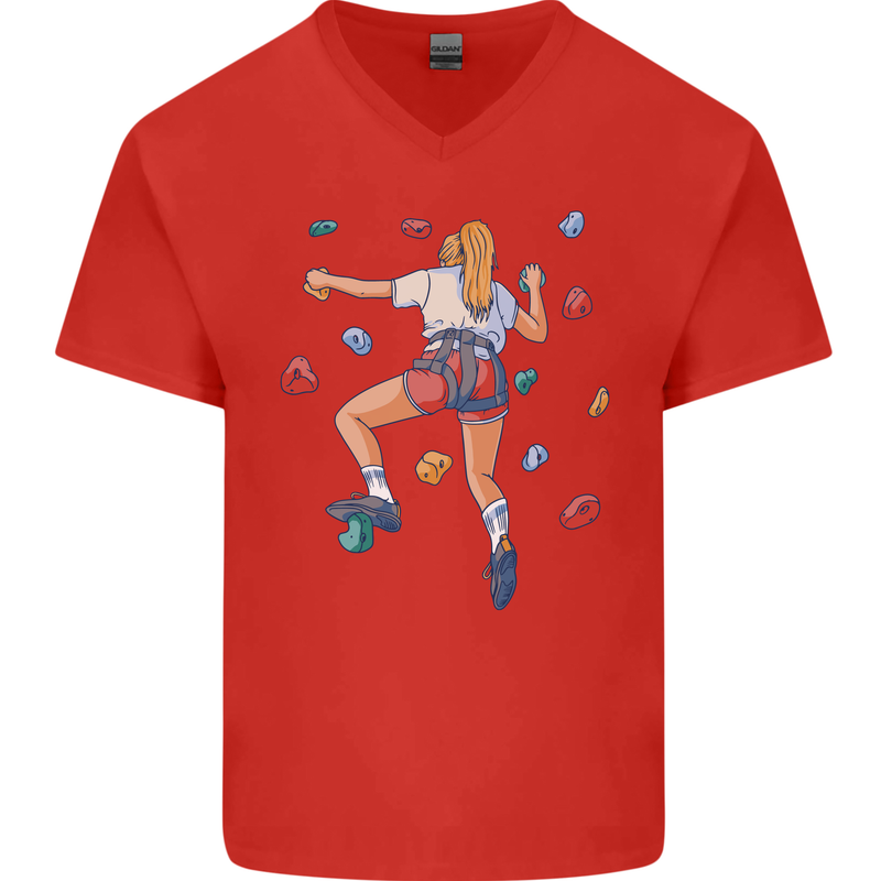 Female Rock Climber Climbing Wall Mens V-Neck Cotton T-Shirt Red