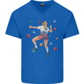 Female Rock Climber Climbing Wall Mens V-Neck Cotton T-Shirt Royal Blue