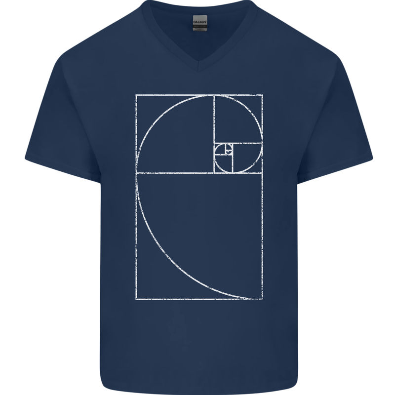 Fibonacci Spiral Golden Geometry Maths Mens V-Neck Cotton T-Shirt Navy Blue