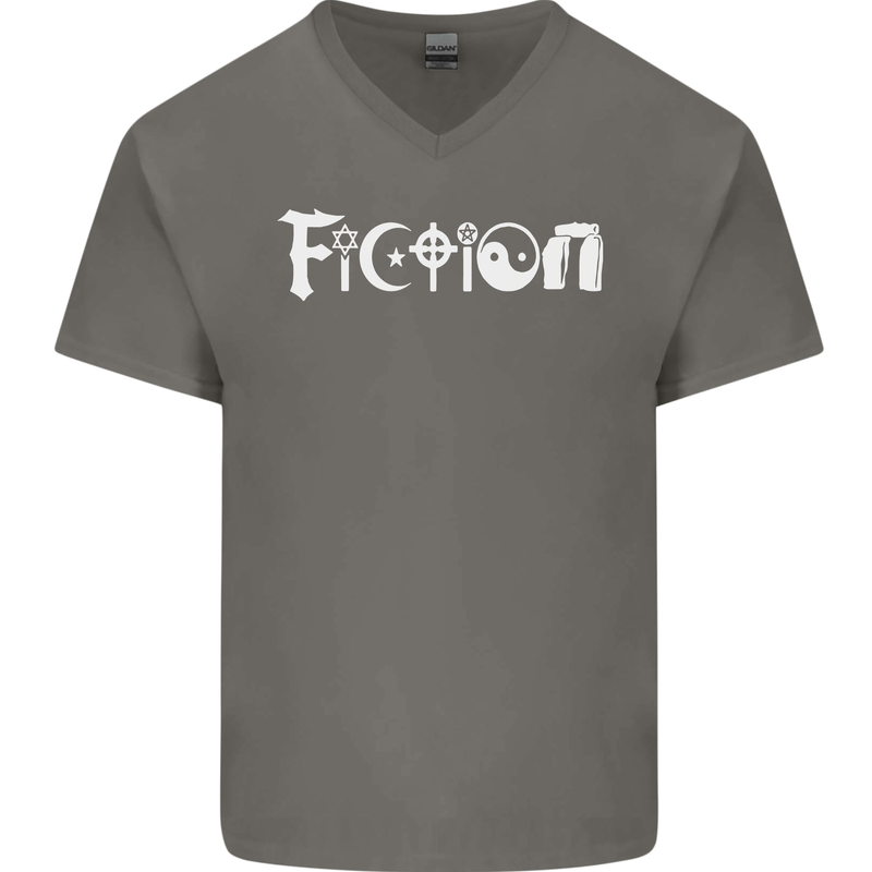 Fiction Funny Atheist Atheism Irreligious Mens V-Neck Cotton T-Shirt Charcoal