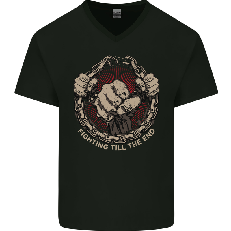 Fighting 'Till the End MMA Martial Arts Mens V-Neck Cotton T-Shirt Black