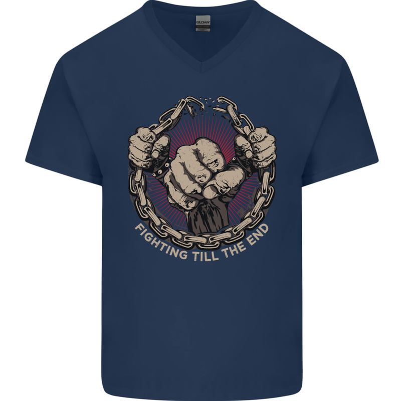 Fighting 'Till the End MMA Martial Arts Mens V-Neck Cotton T-Shirt Navy Blue