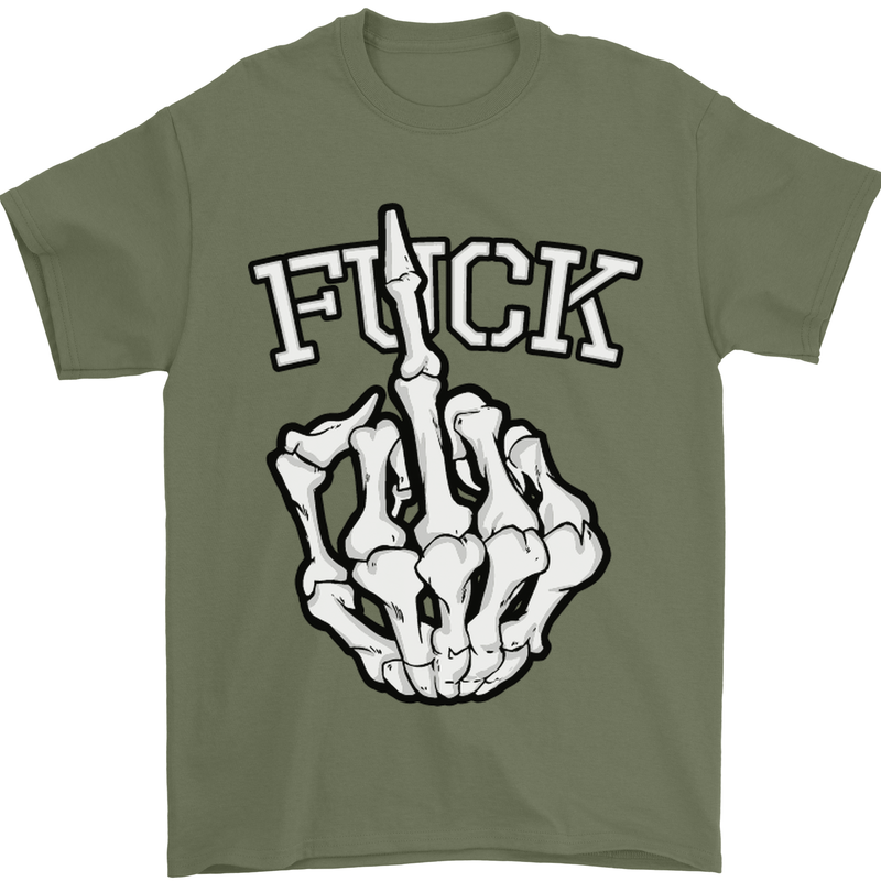 Finger Flip Fuck Skull Offensive Biker Mens T-Shirt Cotton Gildan Military Green