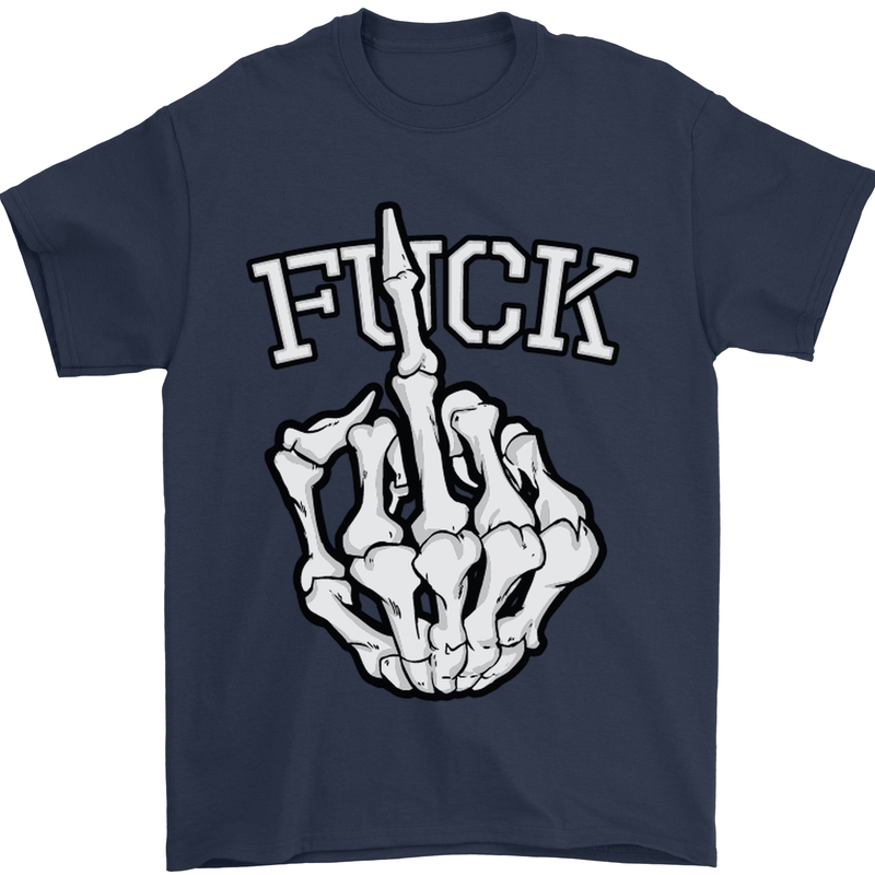 Finger Flip Fuck Skull Offensive Biker Mens T-Shirt Cotton Gildan Navy Blue