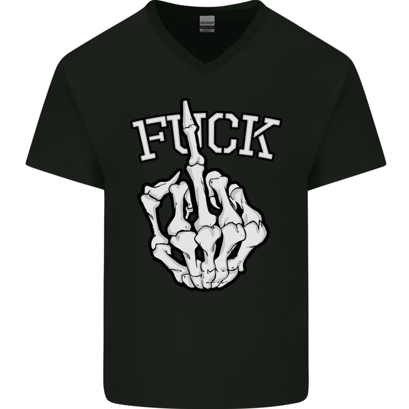 Finger Flip Fuck Skull Offensive Biker Mens V-Neck Cotton T-Shirt Black
